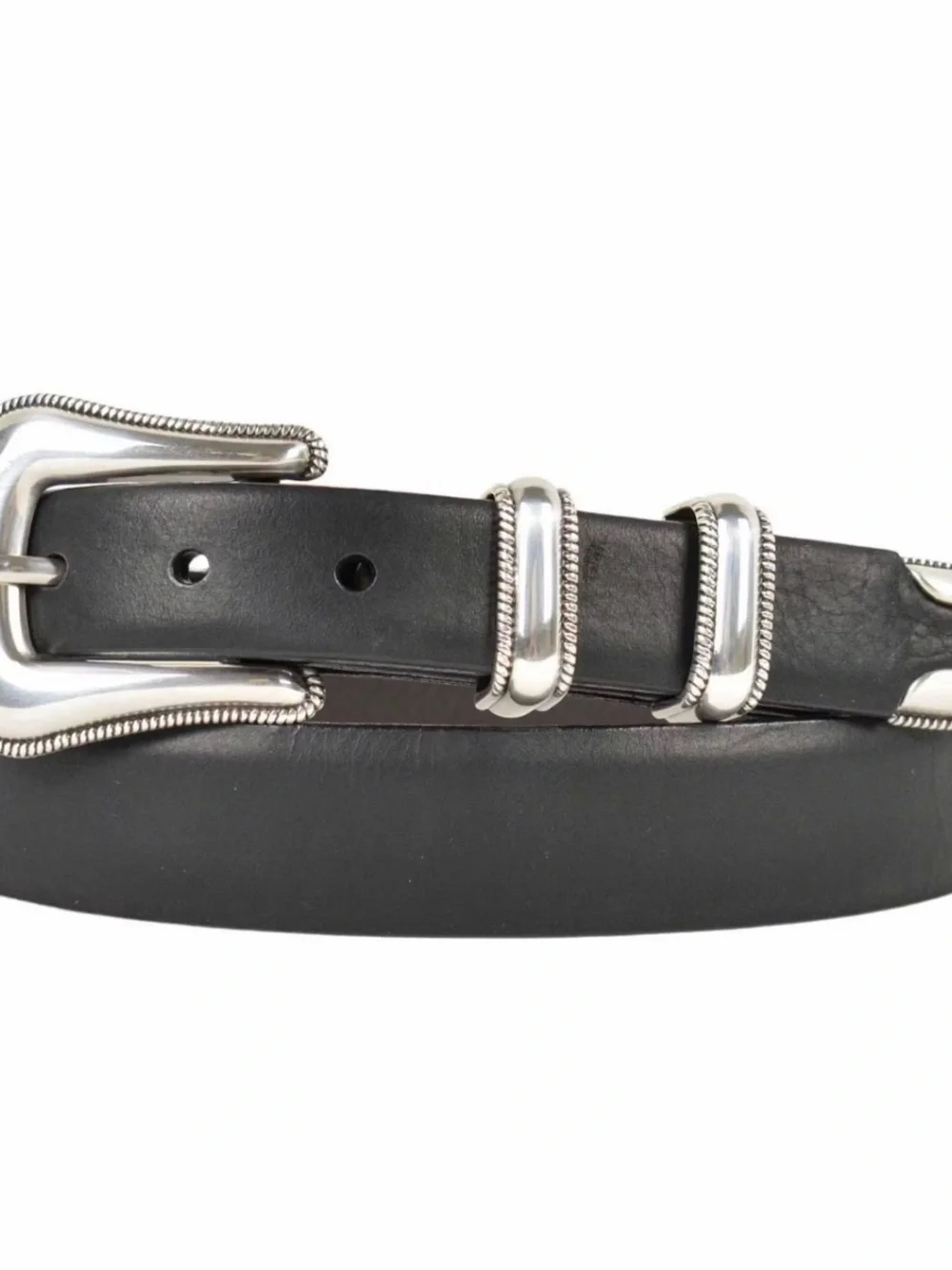 Black Bison Leather Belt with Silver-Tone Rope-Edge Tip Hardware